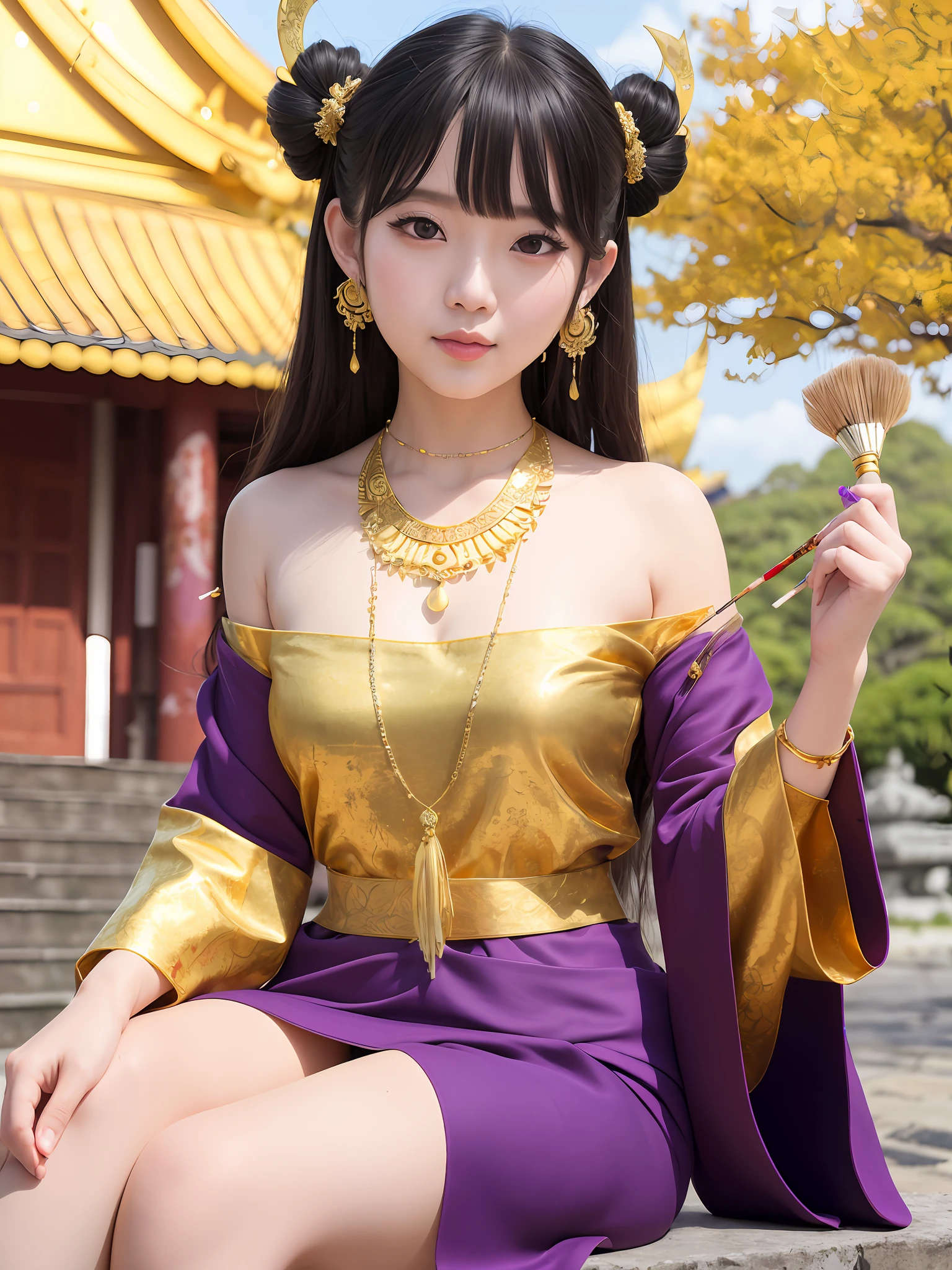 1girl, (ulzzang-6500:0.7), kpop idol, yae miko, detached sleeves, bare shoulders, gold hair, long hair, thai clothes, best quality, (painting:1.5), (hair ornament:1.35), jewelry, purple eyes, earrings, breasts, torii,  cherry blossoms,  lantern light, depth of field, detailed face, face focus, ribbon_trim, (looking at viewer:1.25), nontraditional miko, shiny skin, long sleeves, smile, thick lips, game cg, hands on lips, east asian architecture, (blurry background:1.2), sitting, upper body, big, (thai temple background:1), (gold necklace:1.2),