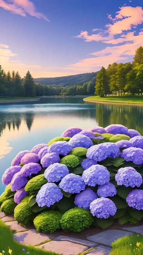Hydrangeas, park, lake, small hill, pebble path, masterpiece, best quality, anatomically correct, high details, 8K, wallpaper