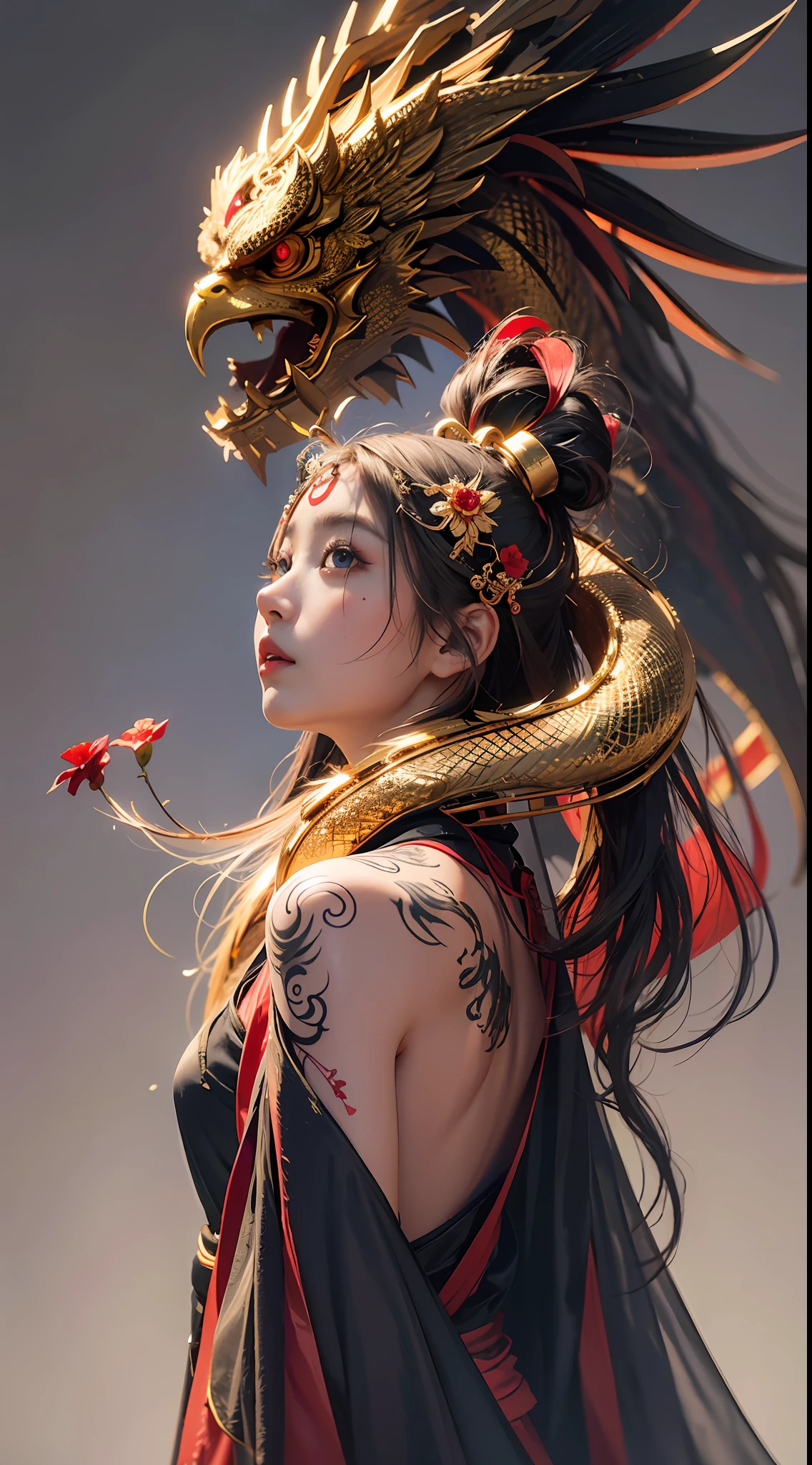 Best Quality, Masterpiece, Ultra High Resolution, (Fidelity: 1.4), Hanfu, Big Sleeves, Film Grain, 4K, Girl, Sharp Focus, Best Quality, Full Body, Tripartite Composition, Photo, Real, Symmetrical Eyes, Beautiful Face, Detailed Light and Shadow, Stunning Detail Pattern, (Tattoo with Red Flower on Forehead), Ancient Chinese Architecture, Chinese Dragon Gold Eagle Headdress, (Night), Dark, Strong Shadow, Strong Edge, 90s Horror Movie Tones