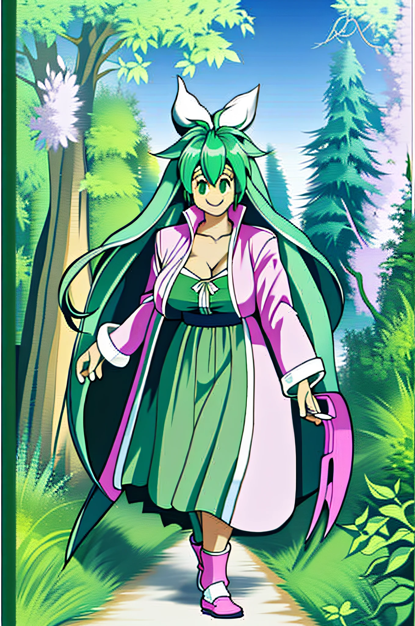 kanna, long robe, walking, big breast, happy, blaster master, forest, green hair