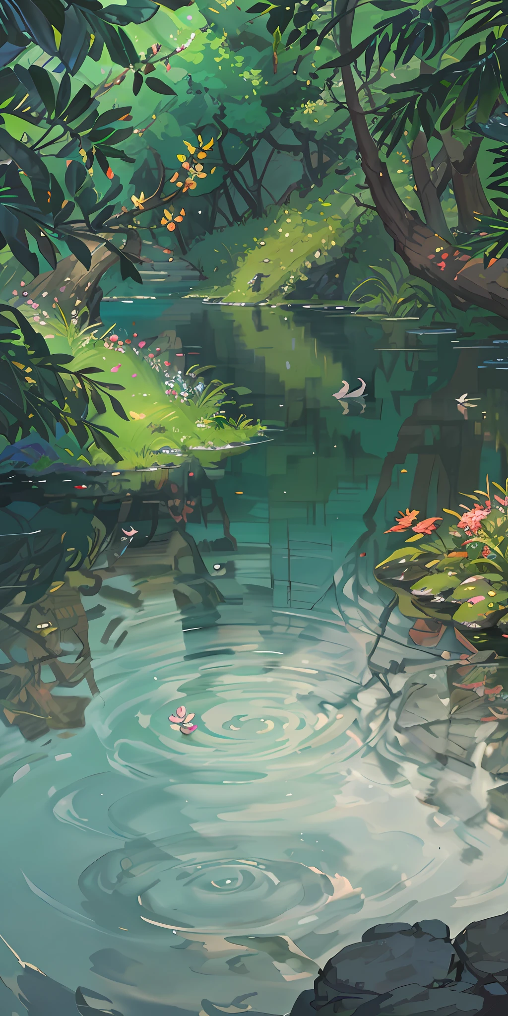 Chinese ancient times, spring, jungle, lake, cave, waterfall, tree, meadow, rock, deer, hot spring, water vapor, (illustration: 1.0), epic composition, realistic lighting, HD details, masterpiece, best quality, (very detailed CG unified 8k wallpaper)