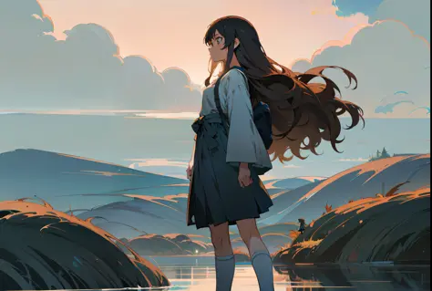 anime girl standing on a rock looking out over a lake, makoto shinkai cyril rolando, in style of makoto shinkai, makoto shinkai art style, anime art wallpaper 8 k, makoto shinkai style, anime girl walking on water, anime girl with long hair, anime style 4 ...
