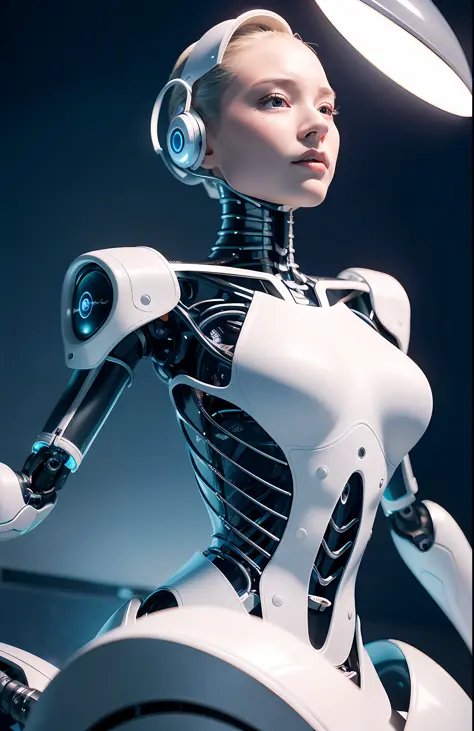 Complex 3d render ultra-detailed beautiful porcelain profile female android face, cyborg, robot parts, 150mm, beautiful studio soft lights, rim lights, vivid details, gorgeous cyberpunk, racing, surreal, anatomical , facial muscles, cable wires, microchip,...