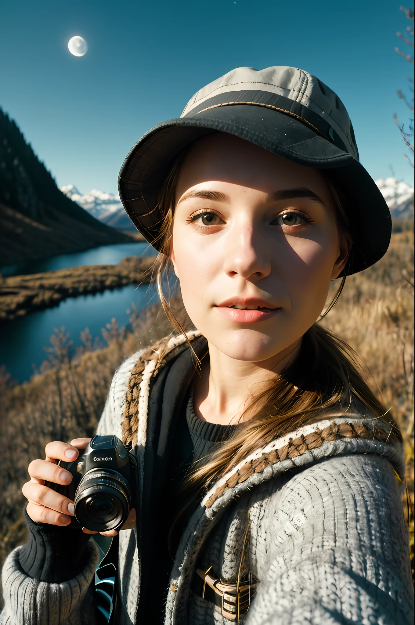 1 woman((upper body selfie, happy)), masterpiece, best quality, ultra-detailed,  solo, outdoors, (night), mountains, nature, (stars, moon)   cheerful, happy, backpack, sleeping bag, camping stove, water bottle, mountain boots, gloves, sweater, hat, flashlight, forest, rocks, river, wood, smoke, shadows, contrast, clear sky,
analog style (look at viewer:1.2)  (skin texture)
(film grain:1.3), (warm hue, warm tone)