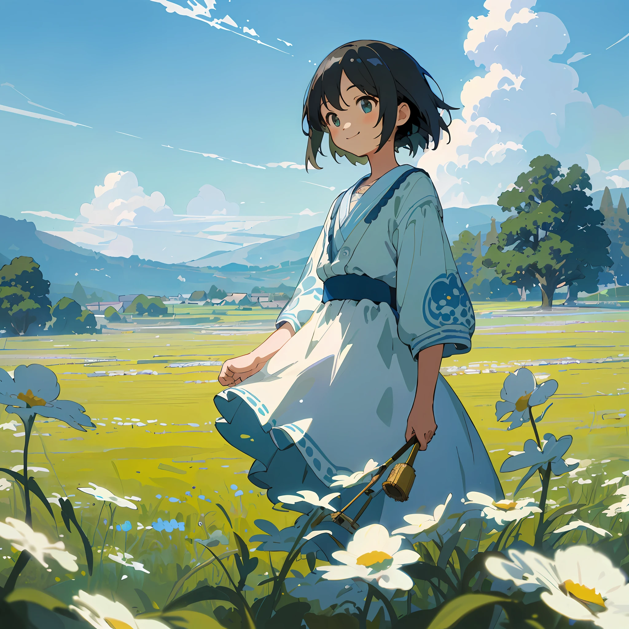 ((masterpiece, best quality, highest quality, illustration, intricate details)), blue sky, white clouds, meadow, 1 little girl, bright smile, fresh style, fresh tone, rich color, high saturation, depth of field, outdoors, Miyazaki style