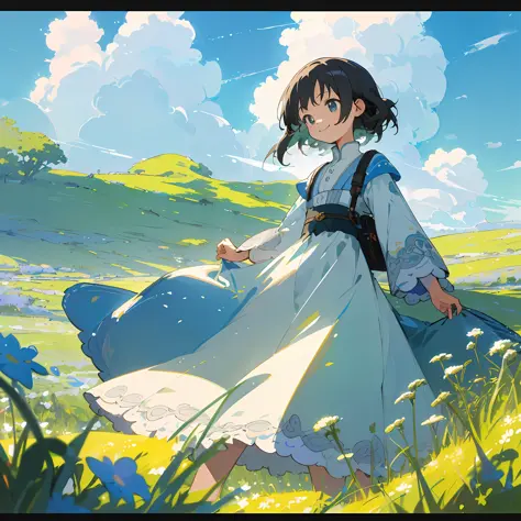 ((masterpiece, best quality, highest quality, illustration, intricate details)), blue sky, white clouds, meadow, 1 little girl, bright smile, fresh style, fresh tone, rich color, high saturation, depth of field, outdoors, Miyazaki style