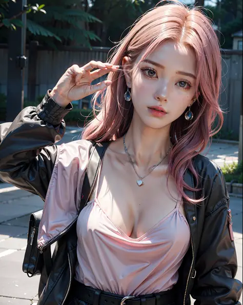 Hyper-realistic art, gallery-grade work, ultra precision, visually striking, sublime masterpiece, peak clarity, twilight dimness, subdued lighting, 1girl,solo, low key,deep shadow, android18, pink hair,hot underware, ,,earrings,necklace,backpack,