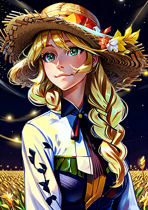 award winning (anime style:1.0), 1girl, solo, (straw hat with flowers:1.1), star (symbol), (long blonde hair flowing in the bree...