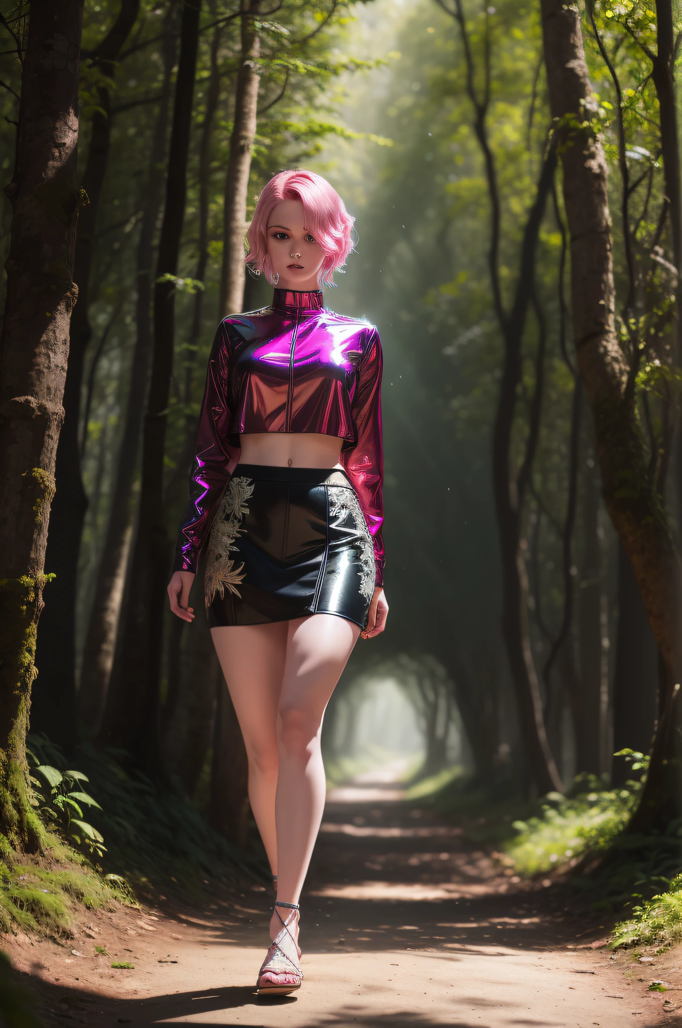 Super sexy Anna standing in a forest, decadent atmosphere, dramatic and dense clouds, short dark pink hair, natural pale skin texture, wet skin, iridescent silver jewelry, tight transparent cyberpunk crop top, short skirt, sandals, jewels photorealistc, photography, (high resolution), (photorealistic:1.4), (extremely intricate), (exquisitely detailed), highly detailed, highres, original, extremely detailed 8K wallpaper, best quality, detailed face, ultra-detailed, raw photo, realistic, erotic, neon,