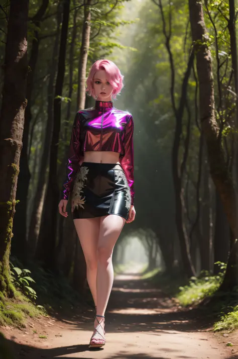 super sexy anna standing in a forest, decadent atmosphere, dramatic and dense clouds, short dark pink hair, natural pale skin te...