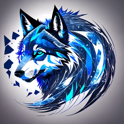 Logo with wolves text, next to wolf there is a Chinese brush Chinese character (海), wolf line art logo, black and dark blue background, bright blue, minimum and pure — wolf --auto --s2