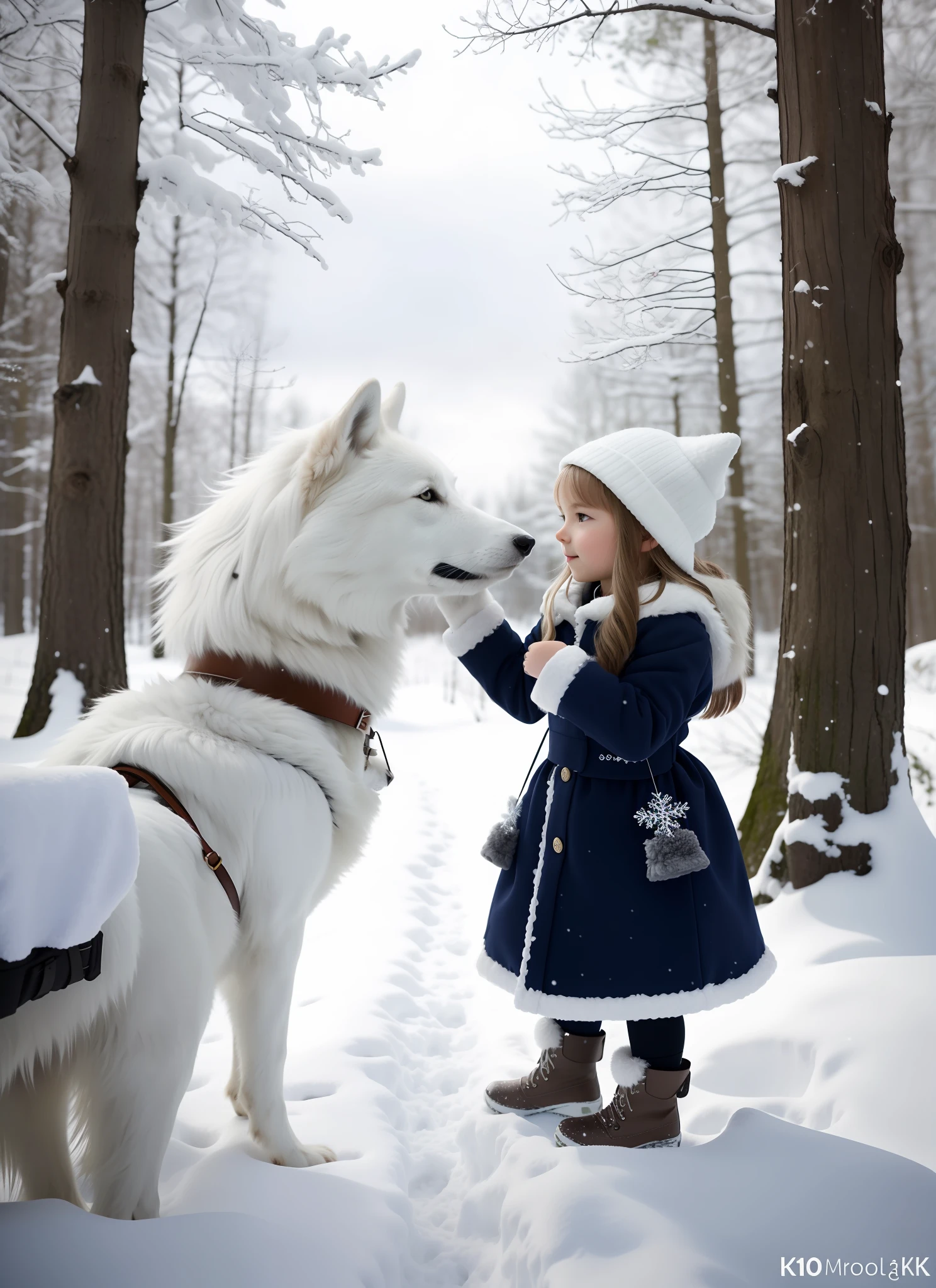 High Quality Portrait, Scandinavia In the Woods  and White Wolf Girl and White Wolf Winter Snow, Smooth-Haired Wolf, Photorealistic, Realistic, 8k, Masterpiece,