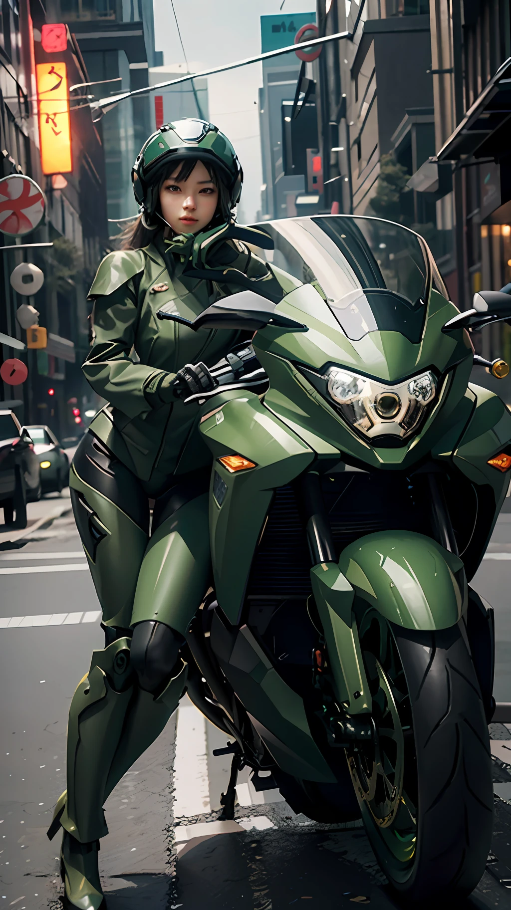 Highest image quality, outstanding details, ultra-high resolution, (realism: 1.4), the best illustration, favor details, highly condensed 1girl, with a delicate and beautiful face, dressed in a black and green mecha, wearing a mecha helmet, holding a directional controller, riding on a motorcycle, the background is a high-tech lighting scene of the future city.