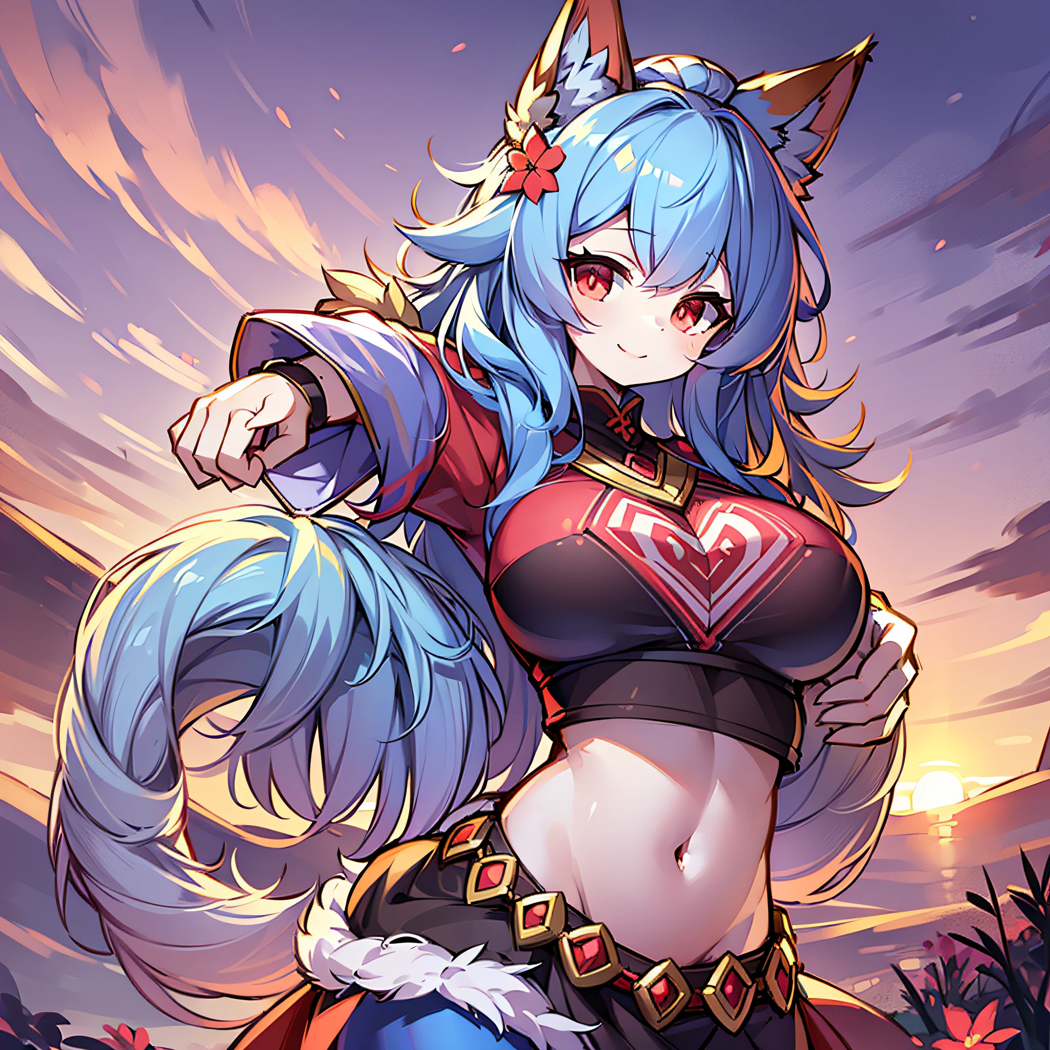 fluffy girl, furry girl, woman, smile, smile, best quality, outdoors, high resolution, cute,blue hair, red eyes, fox ears, sunset, hair flowers,:o, fluffy girl, furry girl, woman, smile, smile, stretched arms towards viewer, one girl, best quality, outdoors, high definition, cute, 1girl, pv, Full body furry, super cute face, fur red elements, chest, glowing t-shirt, beautiful light and shadow, ambient light, super detailed fur, volumetric light