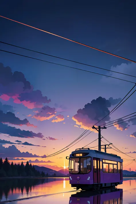 a tram running on a lake, sky, reflection, dynamic breathtaking clouds, power lines, digital illustration, magnificent, purple c...