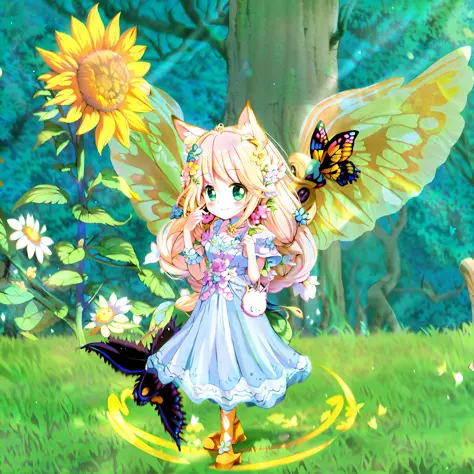 anime girl with a cat and a butterfly in a field, fey queen of the summer forest, style of maple story, astral fairy, smiling as...