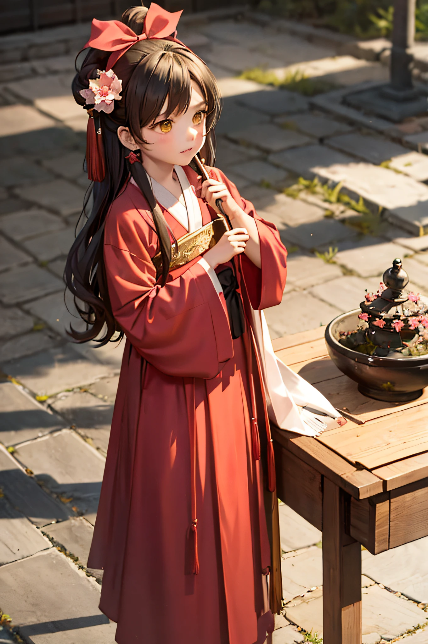 Masterpiece, Superb Piece, Hanfukozue, 2girl, Brush, Long Hair, Bun, Bun, Hanfu, Brush, Bangs, Solo, Brunette Hair, Jewelry, Long Sleeves, Yellow Eyes, Bow, Necklace, Hair Accessory, Wide Sleeves, Red Bow, Blunt Bangs, Fur Trim, Closed Mouth, Ribbon, Dress, Shawl, Tassel, Red Ribbon, Extra Long Hair, Hands Up, Ink, Bow Tie, Coat, Headband, Roll, Looking at the Audience, Hair Flower, Side Hair, Earrings, Brown Hair, Flower, Blush, Pink Dress, Ancient architecture, Japanese garden, movie light, cherry blossoms, 2 girls, double ponytail, street, tea bowl,