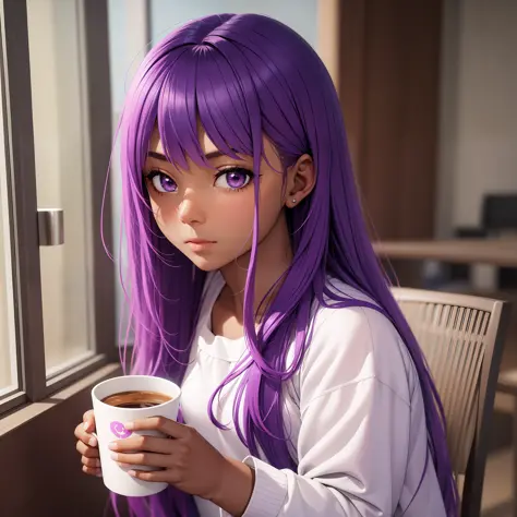 girl, dark skin, purple colored eyes, purple hair, blue hair, pink hair, long hair, drinking coffee