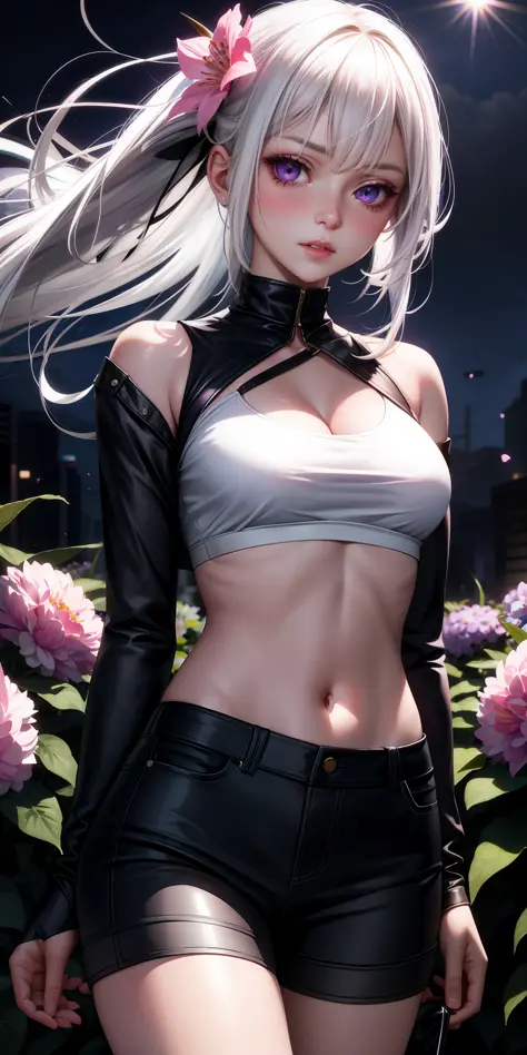 Realistic, 1girl, white hair, purple eyes, glowing eyes, cropped top, shorts, parted lips, blush, night, flowers, sun, sunlight,
