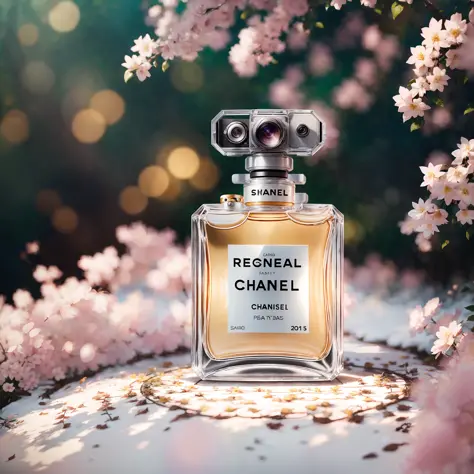 Sony camera shooting, realism, forest background, chanel perfume, poster, sunny day,