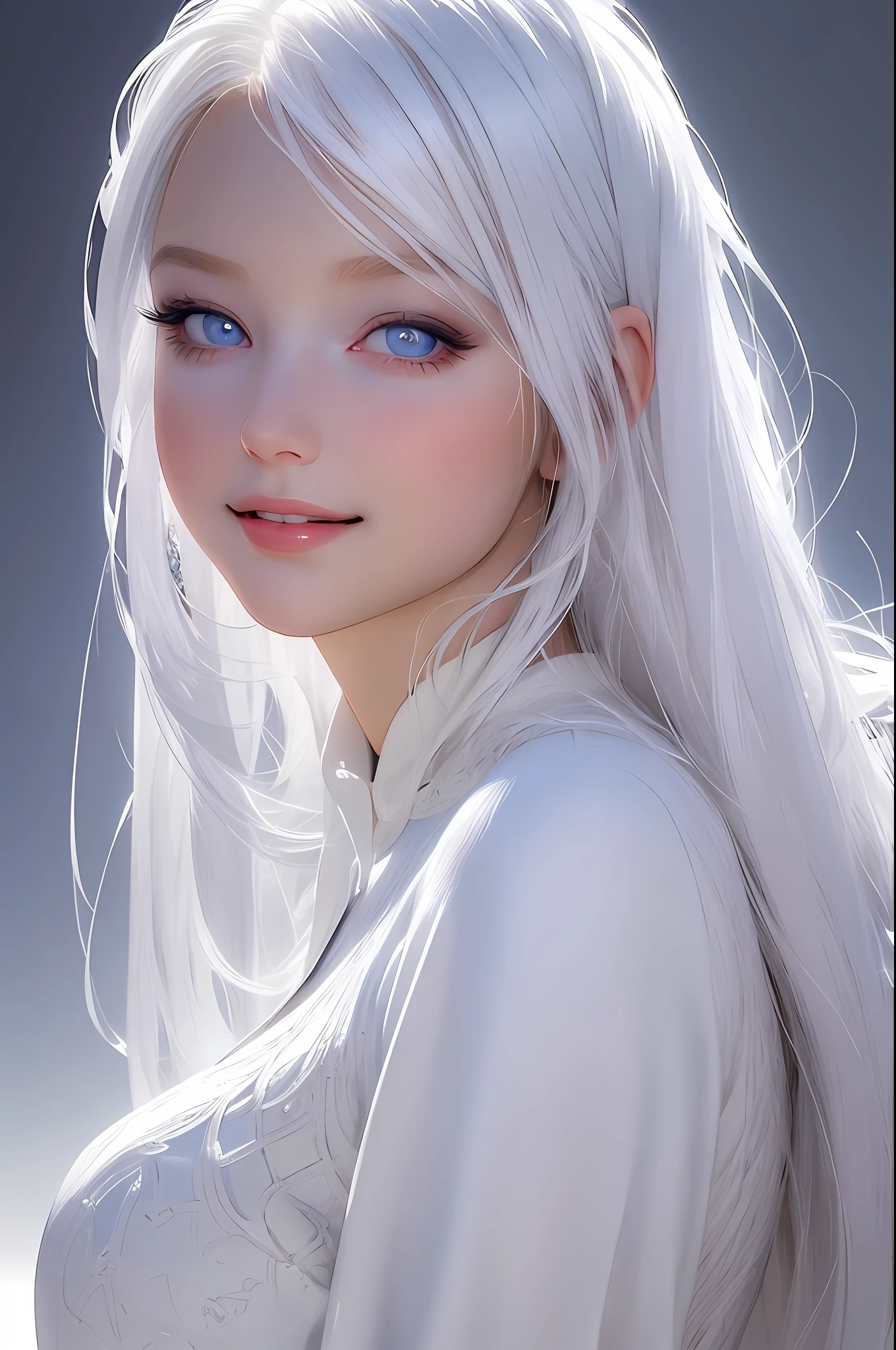 1girl, Detailed beautiful face and eyes, White hair, Too beautiful, Minimalism, Side view, Light color background, Simple background, Fisheye, Masterpiece, Best quality, Best quality, Official art, Beautiful and aesthetic, Animation, Big ass, Smile, Beautiful face, Baby face, Cuteness,