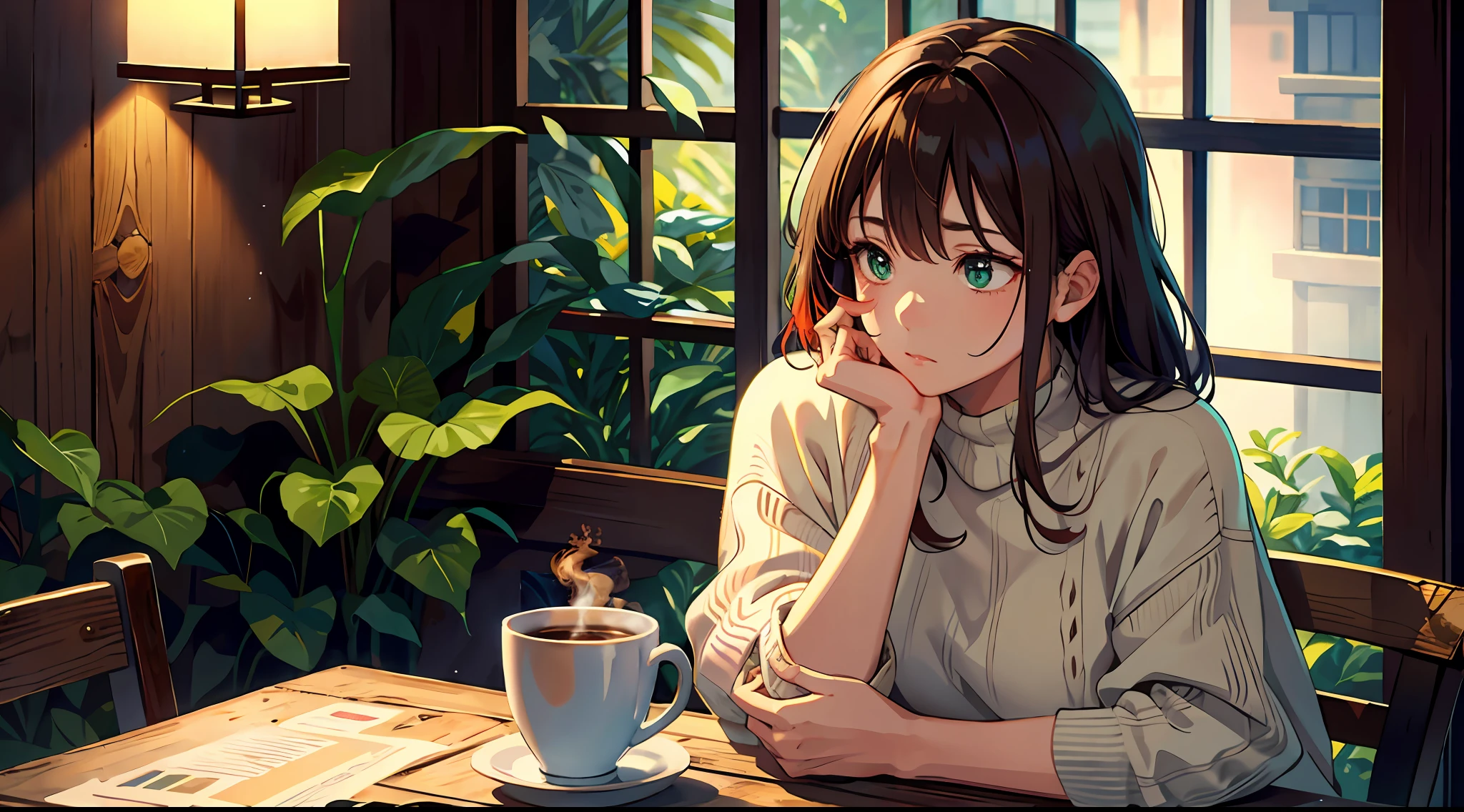 Japan, High Resolution, Top Quality, Sad Expression, Illustration, Eyes Down, 1 Coffee Cup Full of Coffee, Wooden Table, Both Hands On Knees, Ultra Detailed, (Detailed Face), (Detailed Eyes), Soft Lighting, Top Quality, Hazy Glow, Ultra Detailed, Masterpiece, One Girl, Solo,Brown Hair, Green Eyes, Knitwear, Bright Eyes, Medium Breasts, (Colorful), Cowboy Shot, Looks Away,