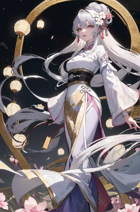 Masterpiece: Superb Night Moon Full Moon 1 Female Mature Woman Chinese Style, Ancient Chinese Sister, Royal Sister, Cold Face, Silver White Long Haired Woman, Light Pink Lips, Calm and Intellectual, Three Banded Gray Primary School Student Assassin Lantern...