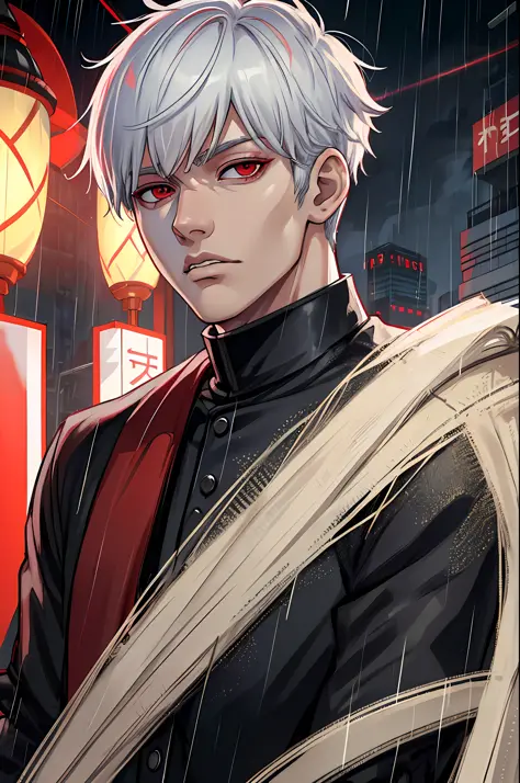 kk, better quality, more details, masterpiece, 1boy, kaneki ken, portrait, male focus, red eyes, solo, bangs, looks at the viewer, short hair, rain, tokyo (city), white hair, luxurious, 8k, detailed, ray tracing, depth of field, cinematic lighting,