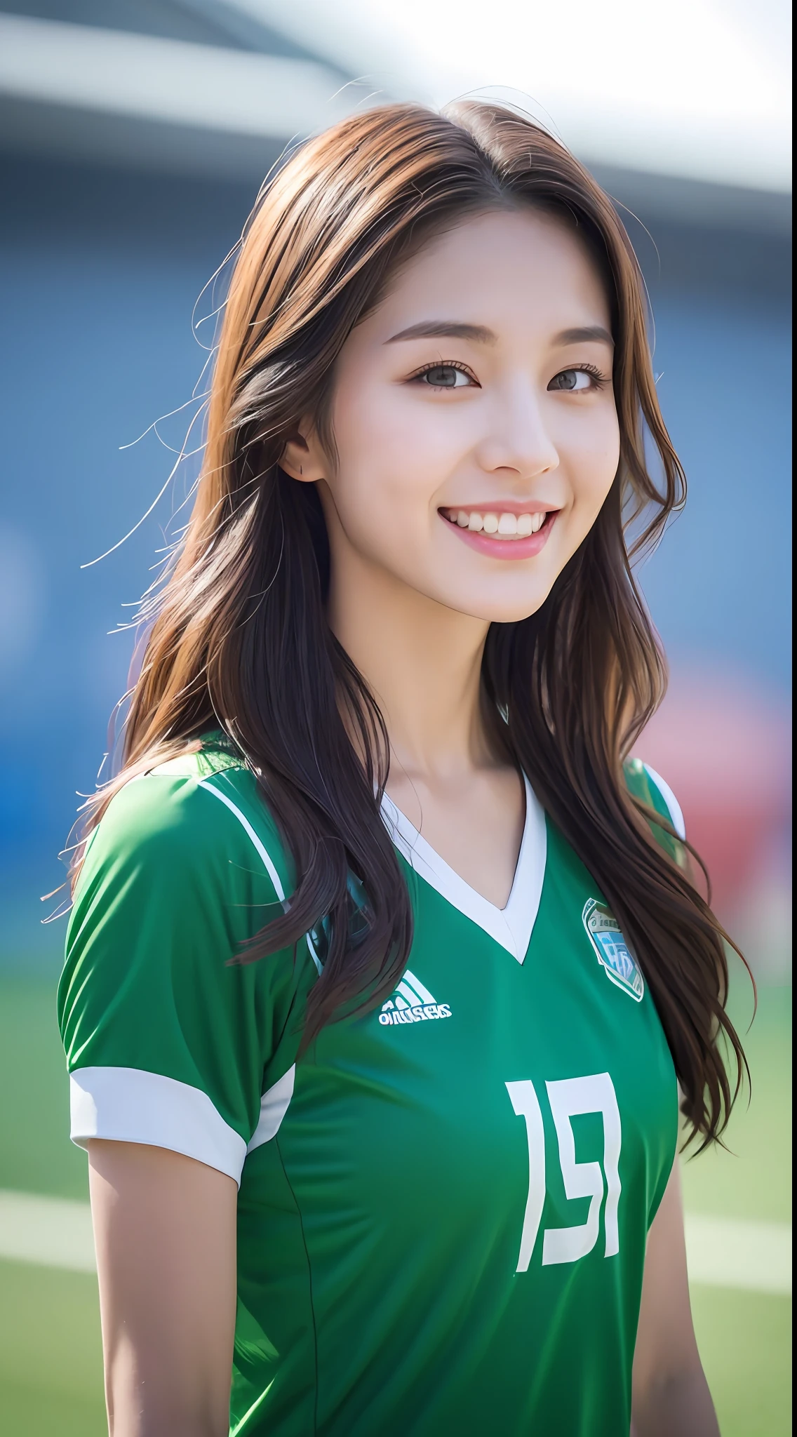 ((Best Quality, 8K, Masterpiece: 1.3)), 1 girl, smile, full body, slim face, pretty woman, (dark brown hair), sportswear :1.1, super detailed face, detailed eyes, double eyelids, blurred background, slim face, football field background, water cube,