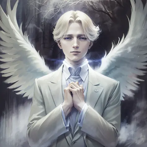 (4k), (best quality), (best details), johan liebert, angel, angelic, heaven, white wings, white clothes, looking at viewer, savi...