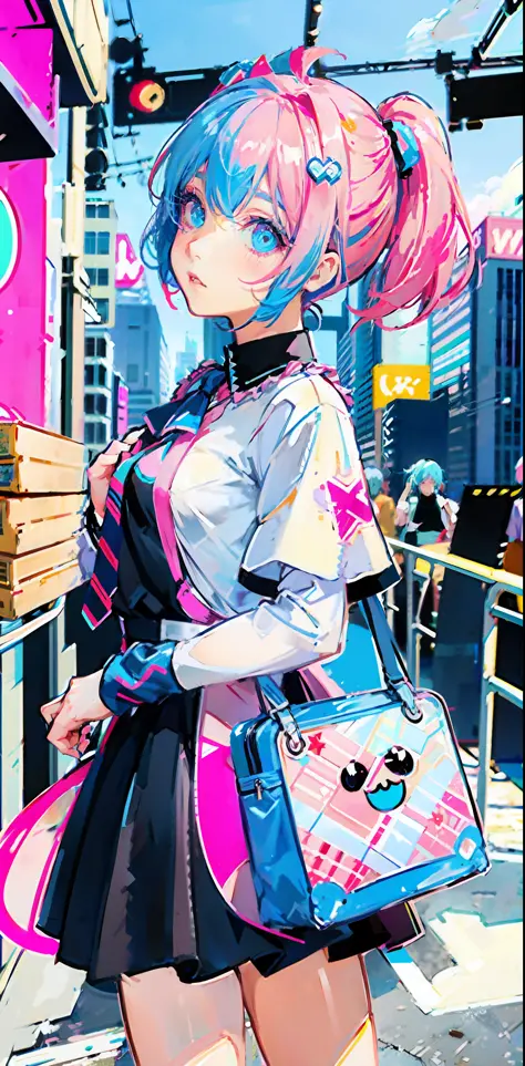 anime girl with pink hair and blue eyes, nightcore, digital art on pixiv, pixiv style, anime style 4 k, pixiv, anime artstyle, m...