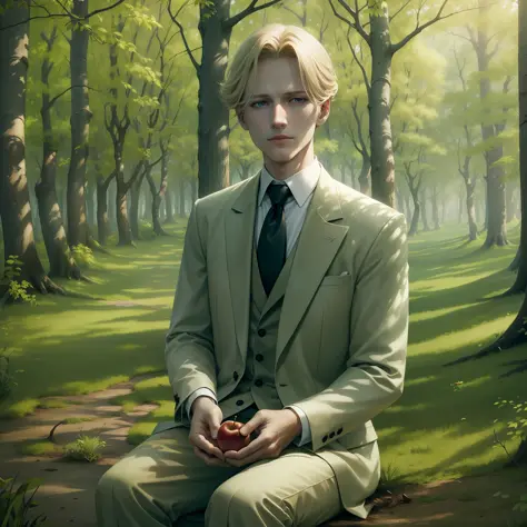 (4k), (best details), (best quality), johan liebert, reading, holding an apple, tree shadow, tree, sitting in tree's shadow, bea...