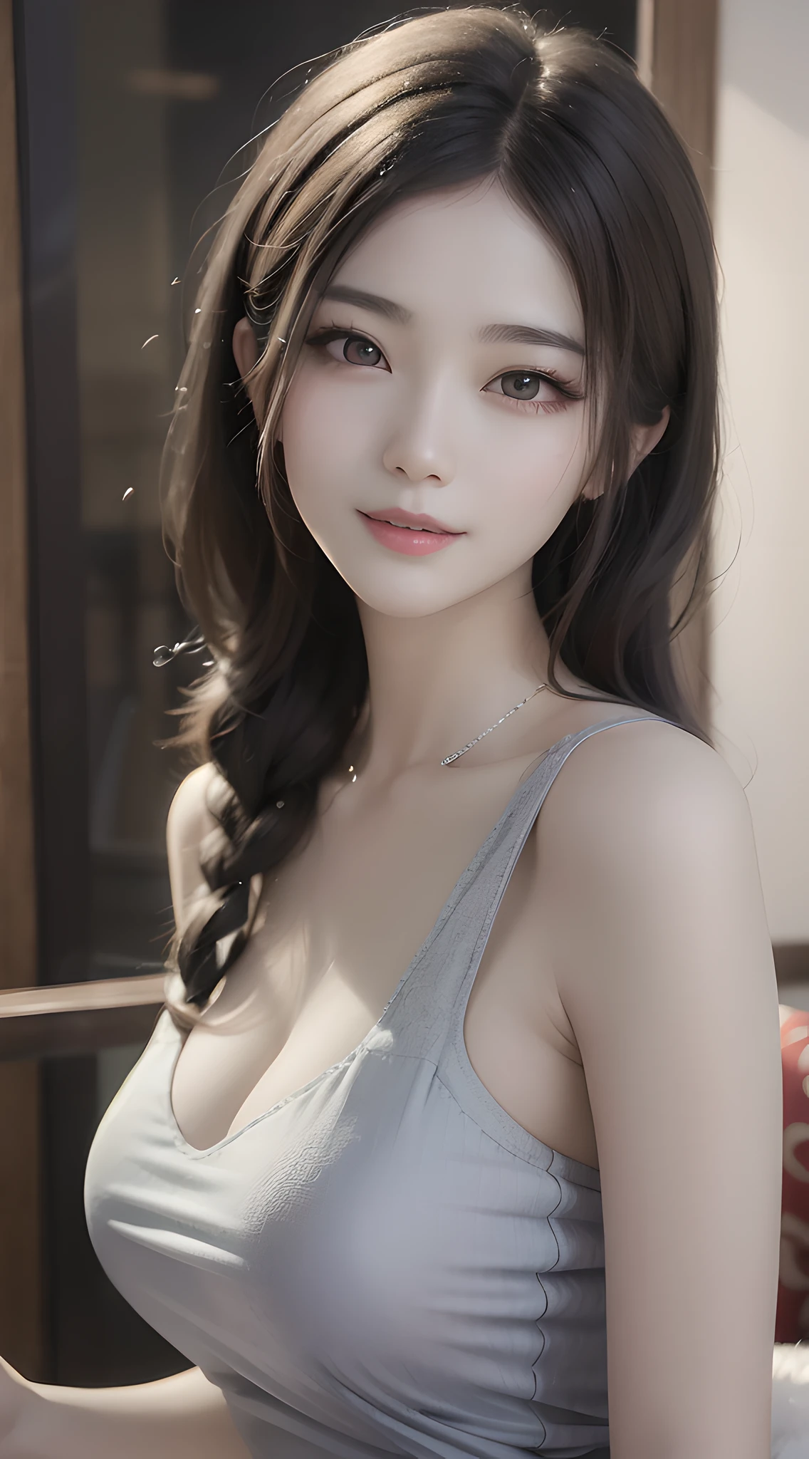 araffe asian woman with long hair and a gray tank top, gorgeous chinese model, gorgeous young korean woman, beautiful asian girl, lovely delicate face, pale milky white porcelain skin, friendly seductive smile, beautiful south korean woman, cute seductive smile, beautiful young korean woman, korean girl, japanese goddess, beautiful soft lighting, tall thin beautiful goddess