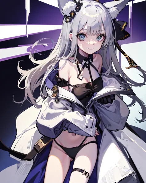 Cat-eared girl, solo, big, closed mouth, long_hair, light smile, sea, silver hair, , , stitched_face, patchwork_skin, cowboy shot, (black bikini), (wariza), (V arm: 1.3), (hands between legs: 1.4),