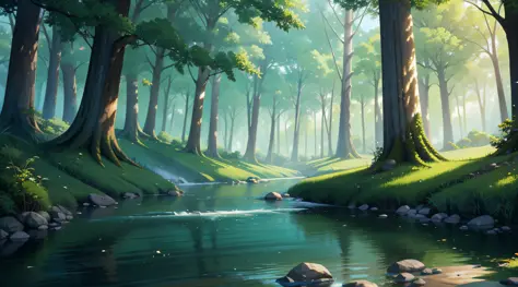 river, riverbank, forest, big trees, masterpieces, hd, high quality, highres, high quality, high details, masterpiece, anime sty...