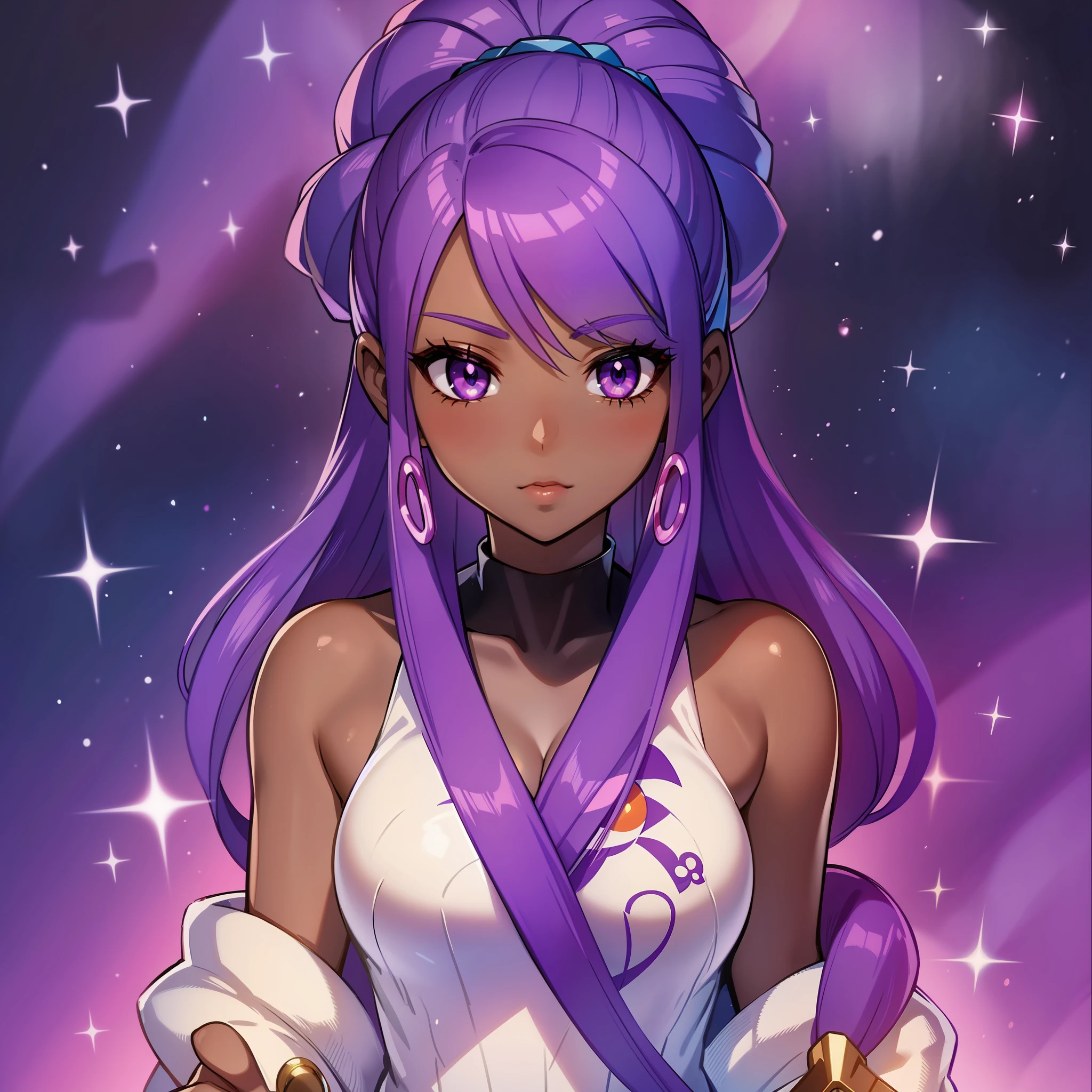 WOMAN, dark skin, dark skin, purple colored eyes, space, purple hair, blue hair, pink hair, long hair, Pokémon, pokeball