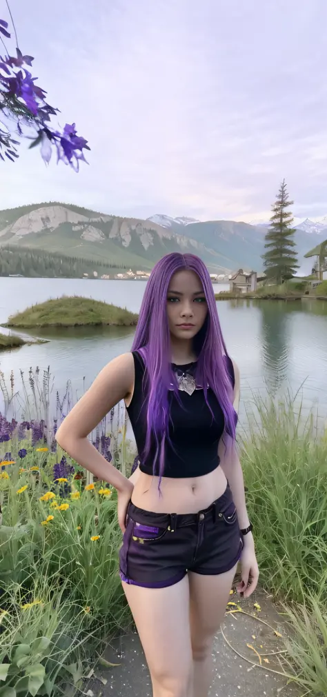 Arafed woman with purple hair standing in front of the lake, she has purple hair, about 1 9 years old, 1 6 years old, very, very...