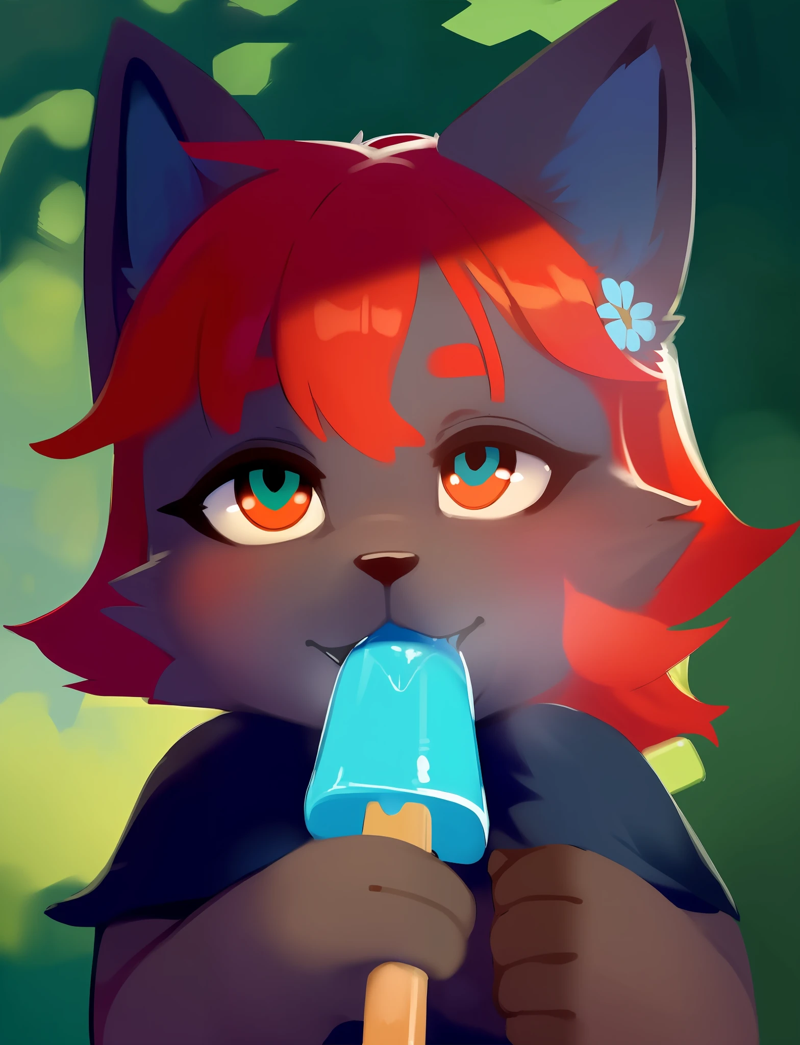 araffe with red hair and a furry tail in the woods, very very beautiful furry art, dramatic cinematic detailed fur, furry art, furry fantasy art, wlop, anthro art, furry wolf, pov furry art, furry art!!!, kemono, cgsociety, furry mawshot art, |, zorua pokemon, detailed fanart, (popsicle:1.1), (Blowjob:0.9)