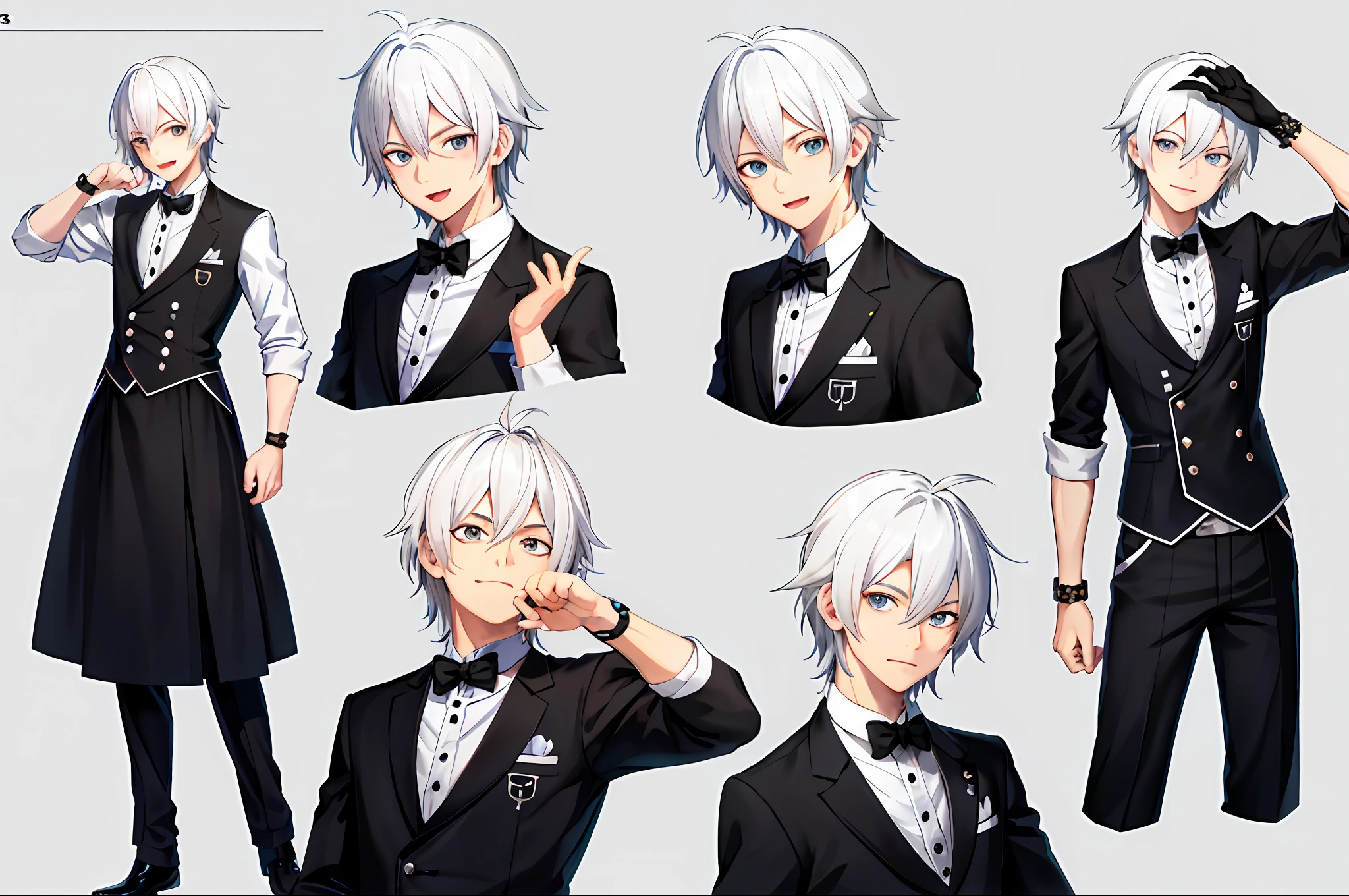 cute white haired boy, emoji pack, 9 emoticons, emoji sheet, multiple poses and expressions, anthropomorphic style, Disney style, black strokes, different emotions, multiple poses and expressions, 8k --niji 5