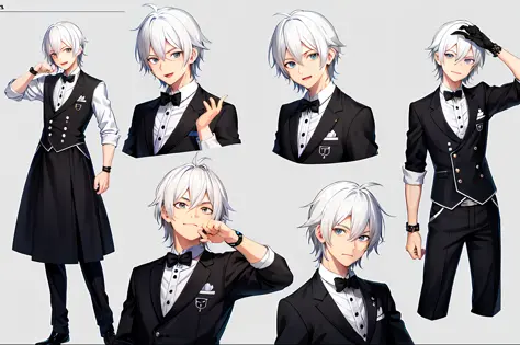 cute white haired boy, emoji pack, 9 emoticons, emoji sheet, multiple poses and expressions, anthropomorphic style, Disney style...