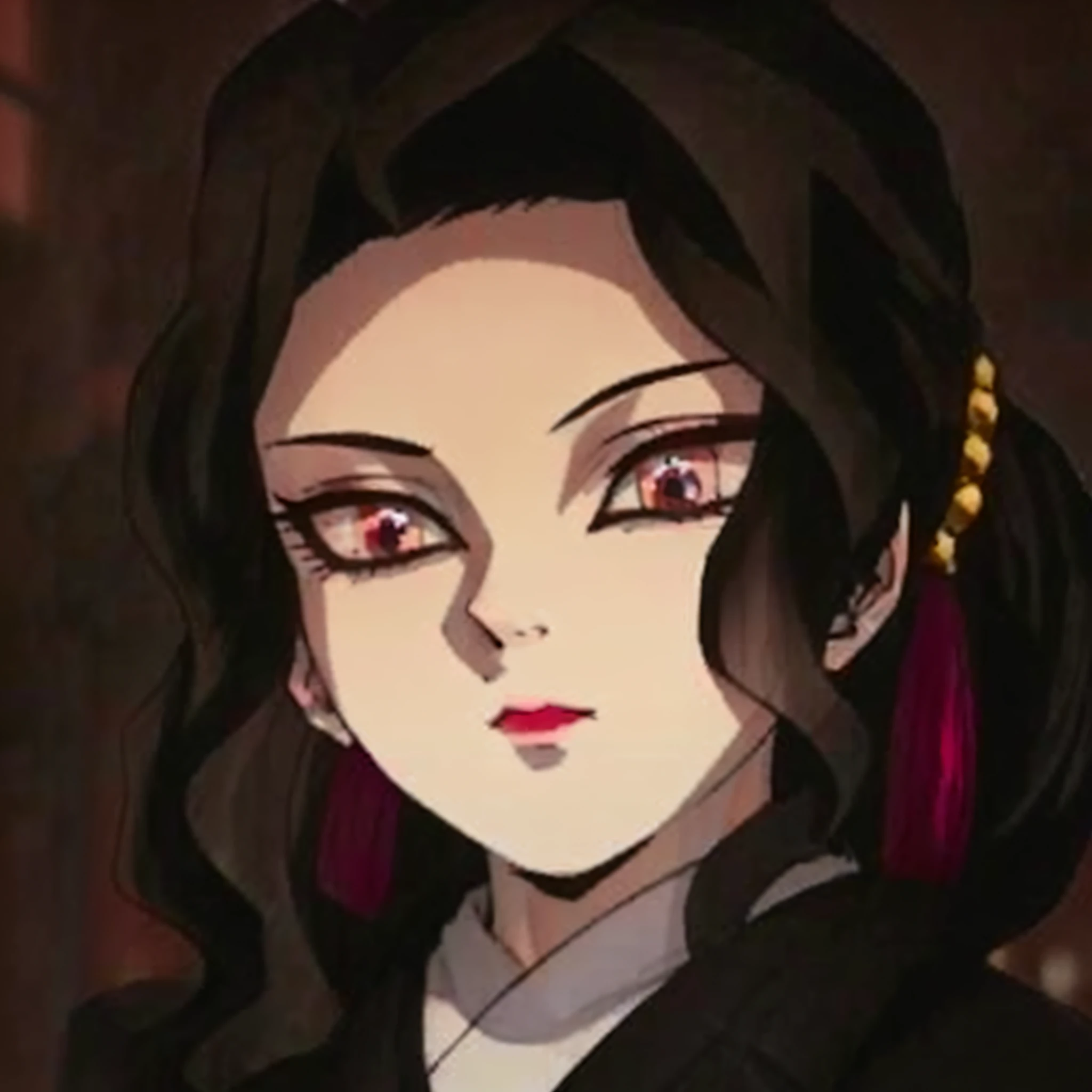 a close up of a woman with long hair and red earrings, in the anime ...