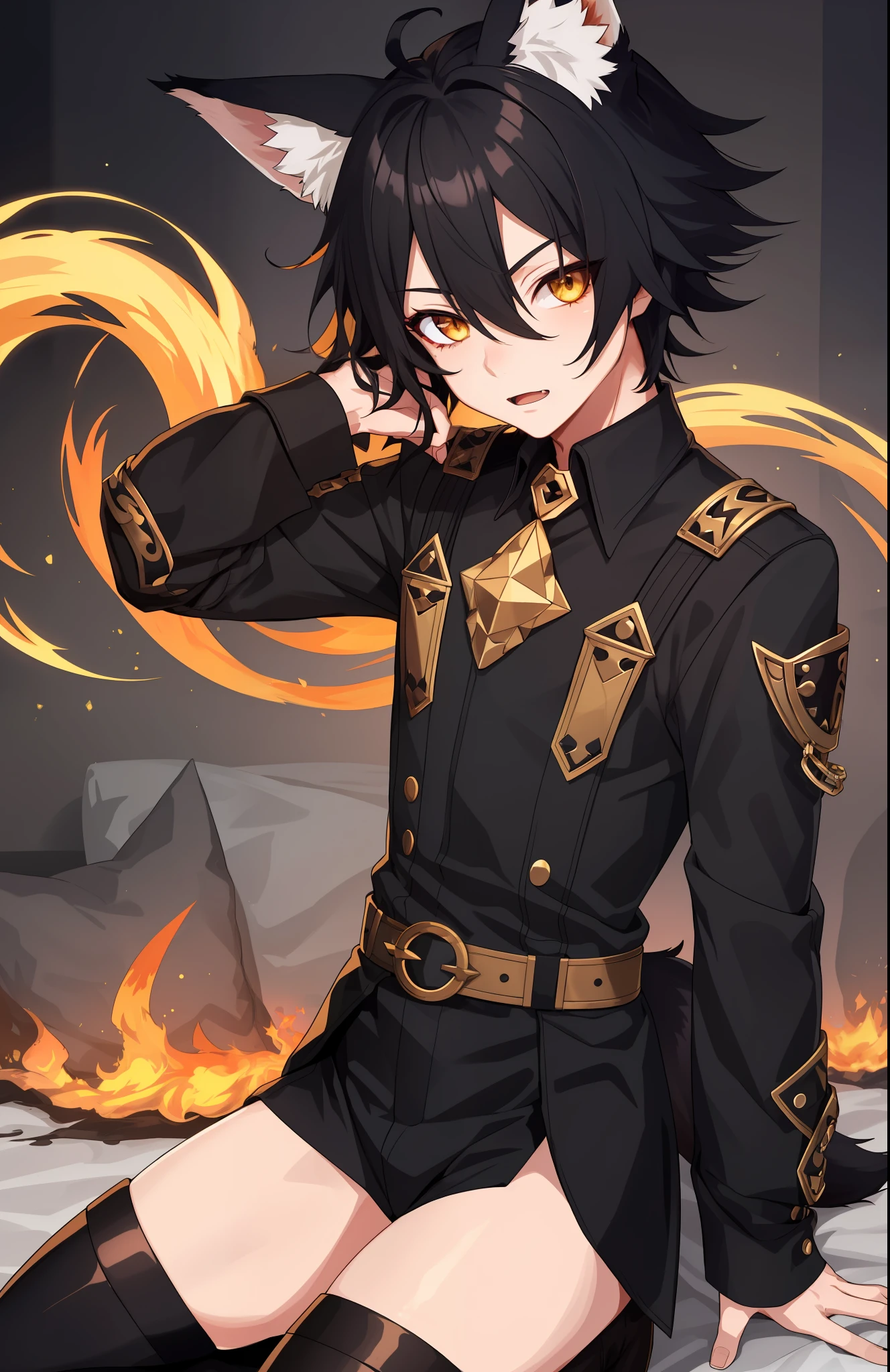 1boy, toned, sharp fox ears, fox tail, black messy hair, golden eyes, HD, masterpiece, vibrant, black boots, dead expression, thigh highs, safe for work, gothic aesthetic, fire powers