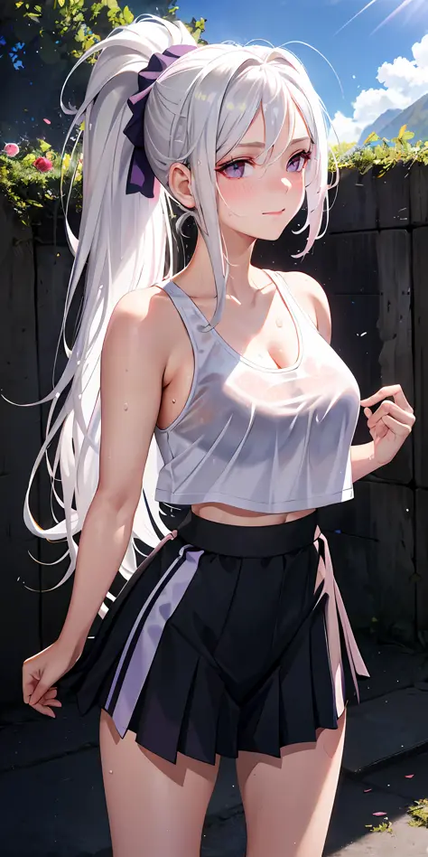 Realistic, 1girl, ponytail, cleft lip, blush, makeup, light smile, white hair, sportswear, skirt, wet clothes, glowing hair, thi...