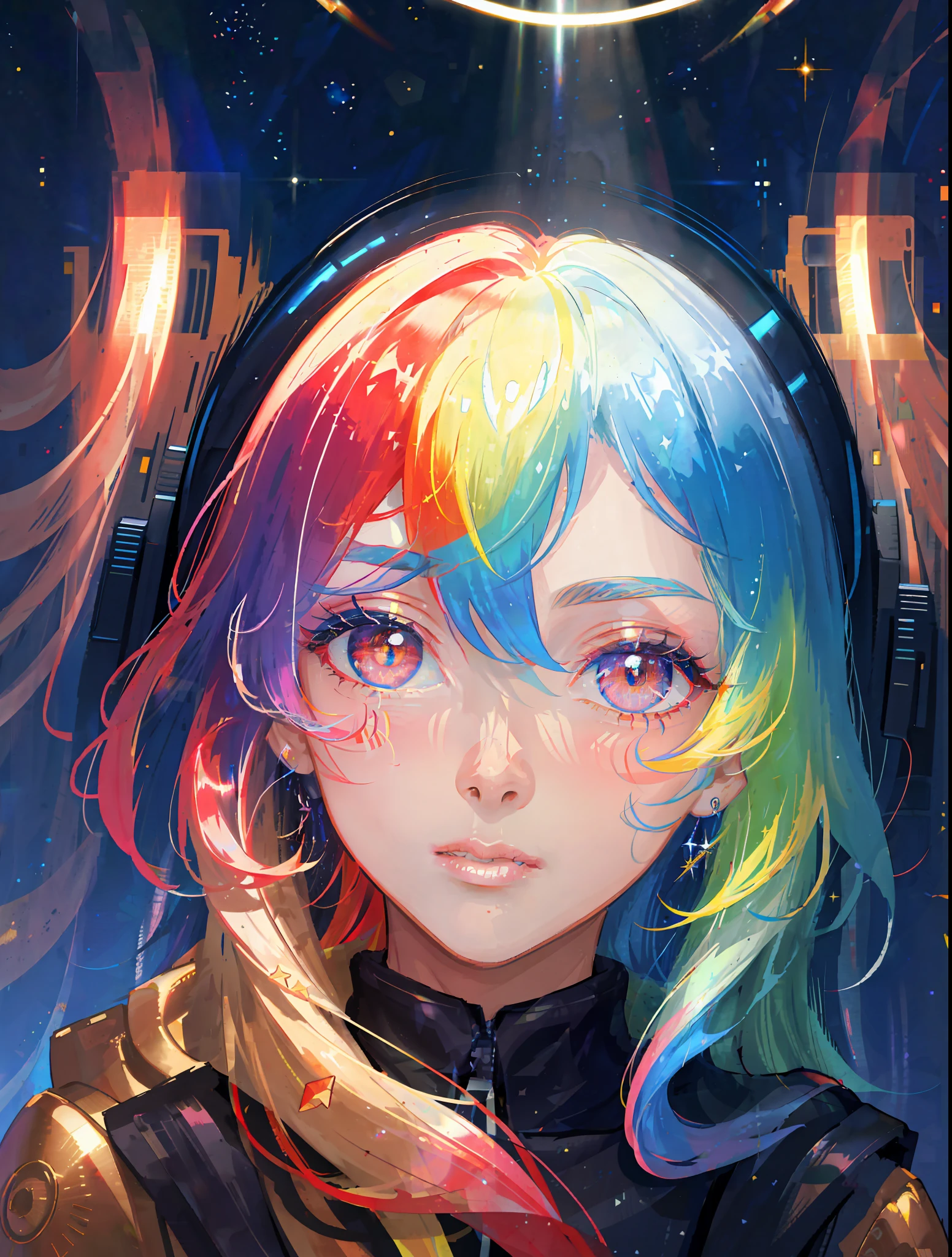 masterpiece, best quality, masterpiece, godlike quality, godlike art, highly detailed face, highly realistic, closeup, face only, cute, young girl, big eyes, long eyelashes, multicolored hair, multicolored eyes, shiny skin, full lips, big lips, shiny skin, blushing, magnificent view, in space, starry background, stars, shining light, multicolored light, spacial explosion, sunrays, multicolored rays,