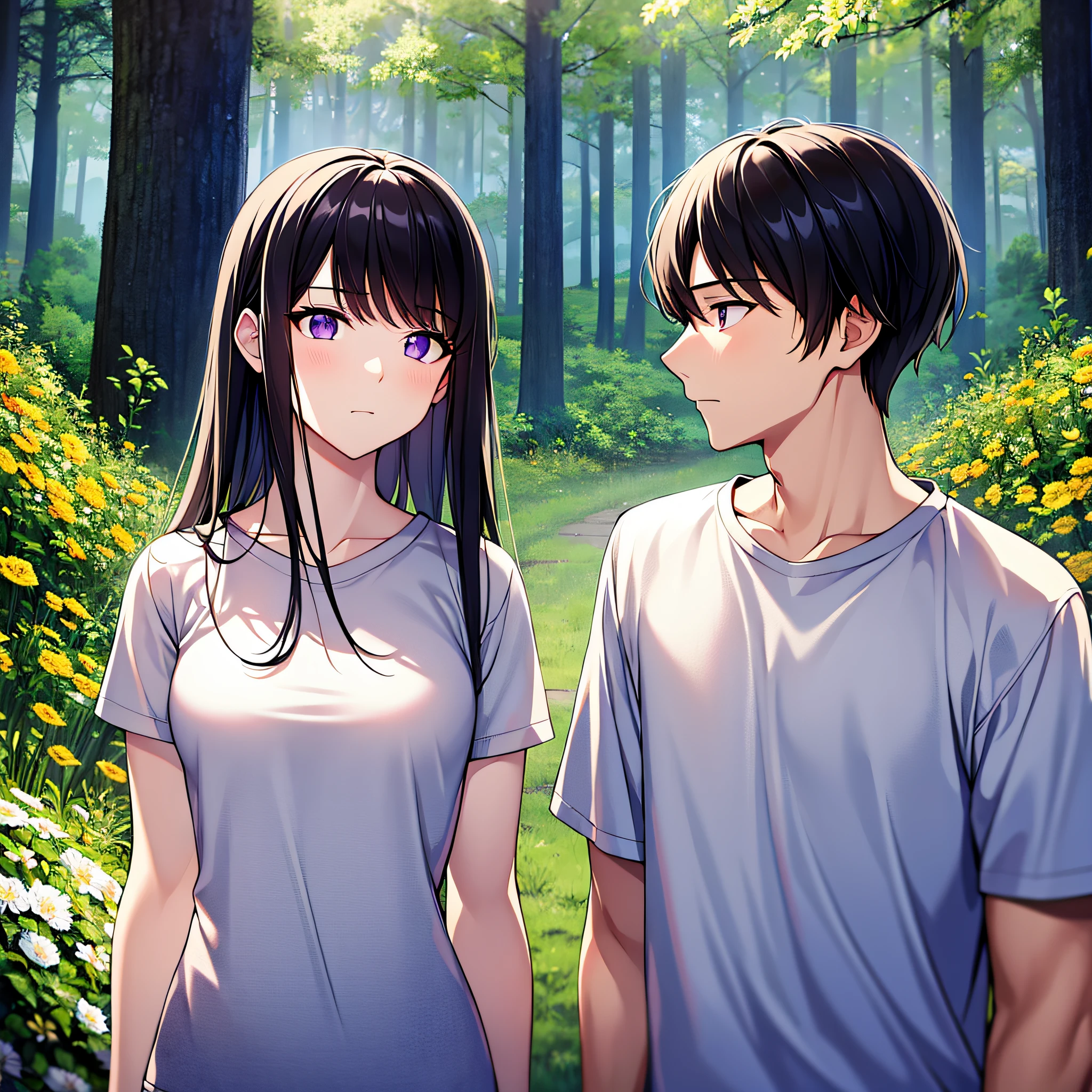 masterpiece, best quality, {best quality}, {{masterpiece}}, {highres}, {{{field field}}, extremely detailed couple, illustration, couple, 1boy, 1girl, couple, love, love, romantic, sharp focus, male focus, female focus, black hair, violet eyes, sun, sunlight, lifting, t-shirts, men's leisure clothes, expressionless, women's fashion, forest, flowers --auto --s2