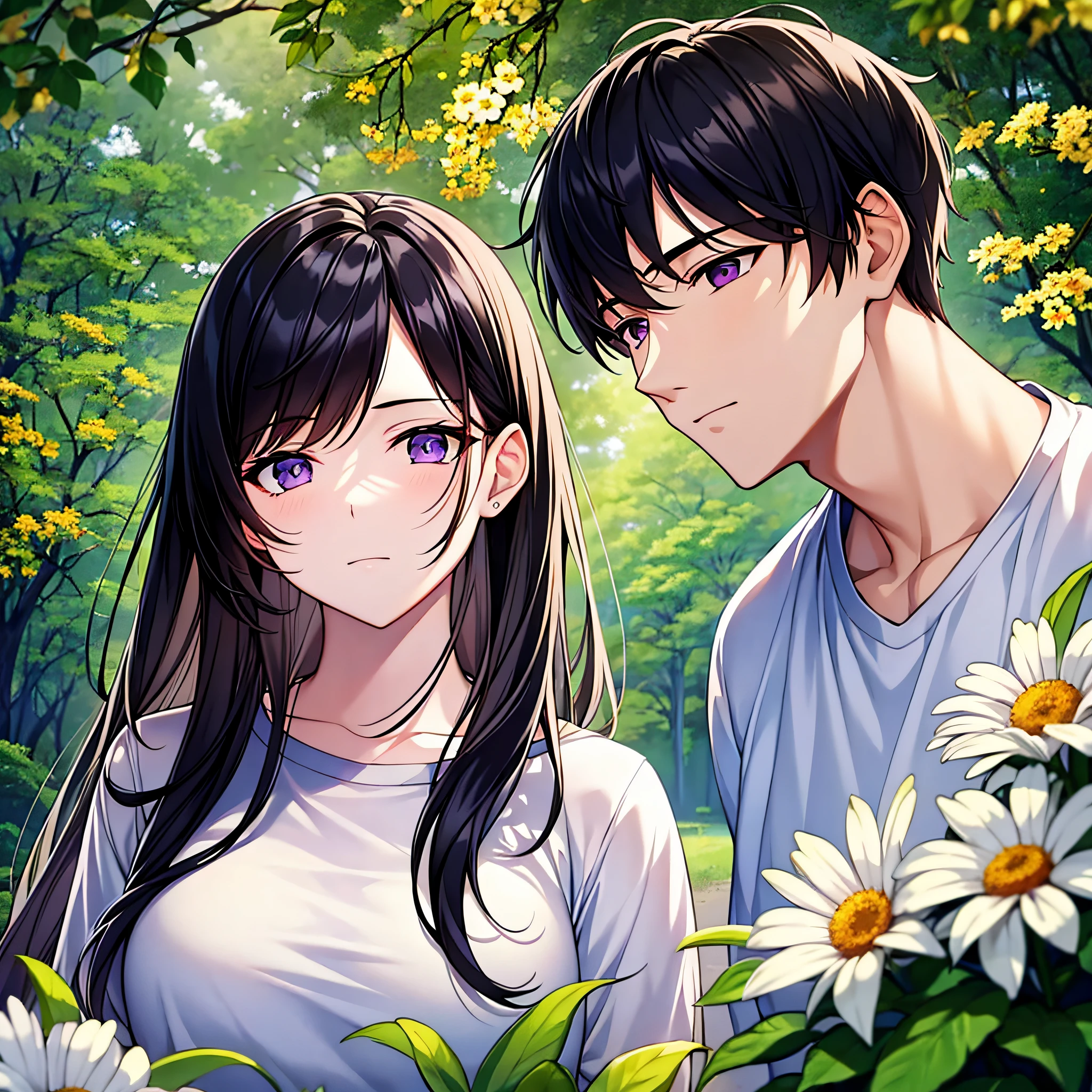 masterpiece, best quality, {best quality}, {{masterpiece}}, {highres}, {{{field field}}, extremely detailed couple, illustration, couple, 1boy, 1girl, couple, love, love, romantic, sharp focus, male focus, female focus, black hair, violet eyes, sun, sunlight, lifting, t-shirts, men's leisure clothes, expressionless, women's fashion, forest, flowers --auto --s2