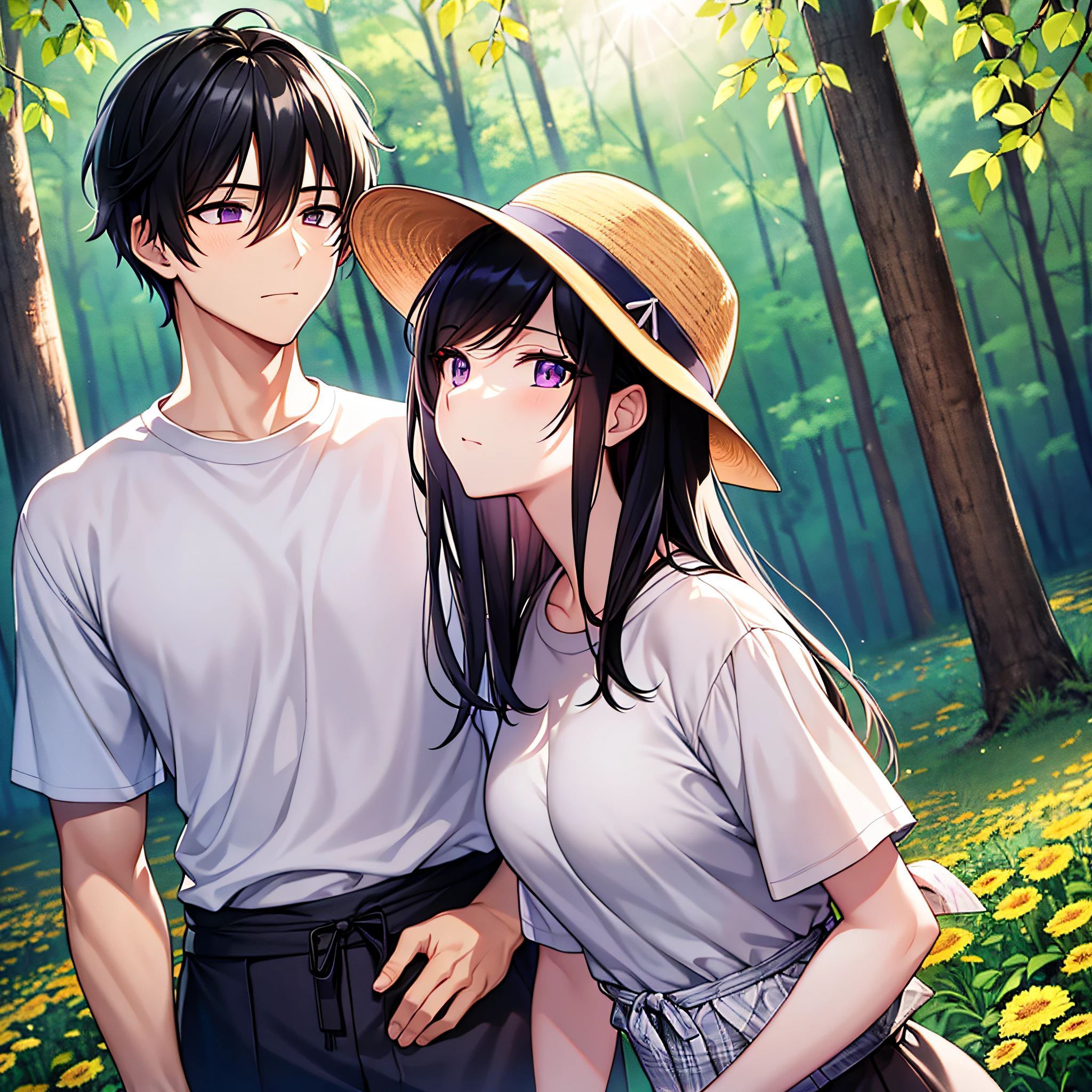 Masterpiece, best quality, {best quality}, {{masterpiece}}, {highres}, {{{field field}}, extremely detailed couple, illustration, couple, 1boy, 1girl, couple, love, love, romantic, sharp focus, male focus, female focus, black hair, violet eyes, sun, sunlight, lifting, t-shirts, men's leisure clothes, expressionless, women's fashion, forest, flowers, statement --auto --s2