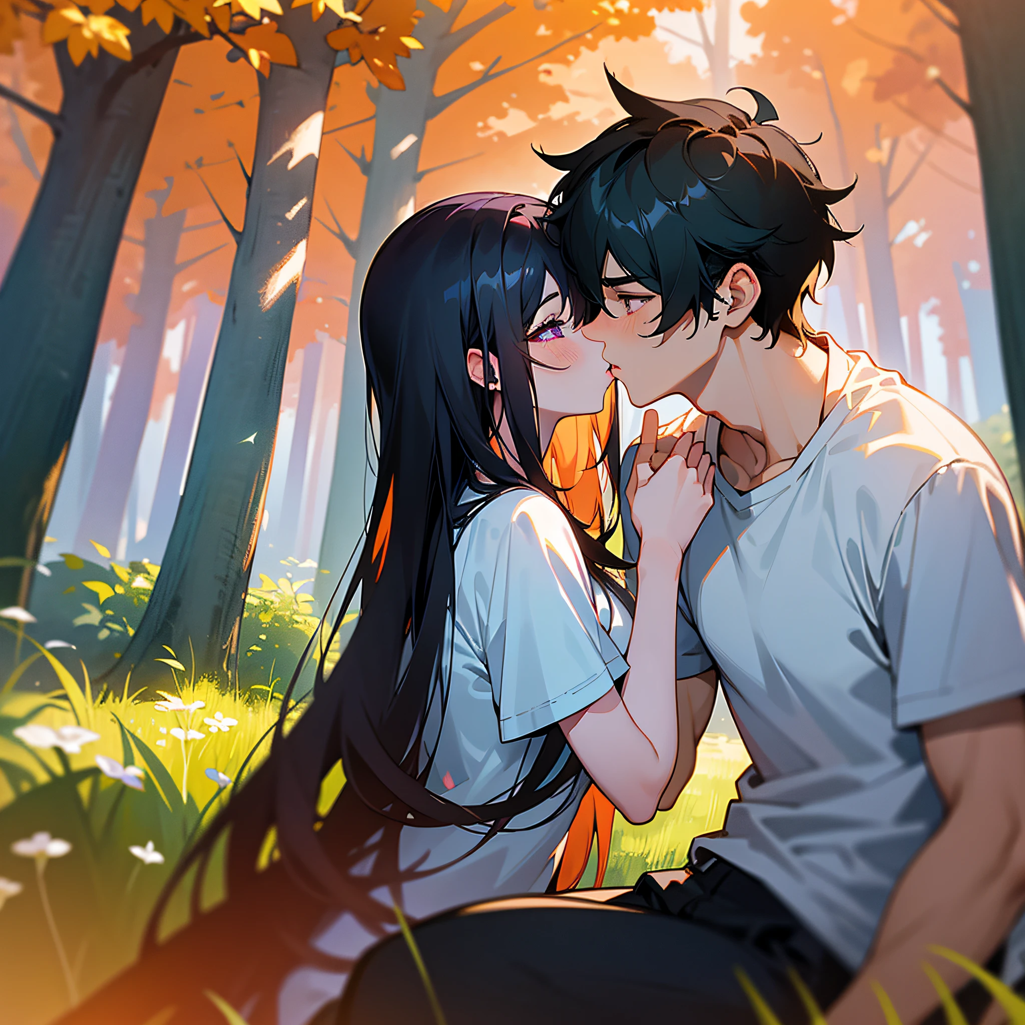 Anime couple kissing in the woods with trees in the background - SeaArt AI