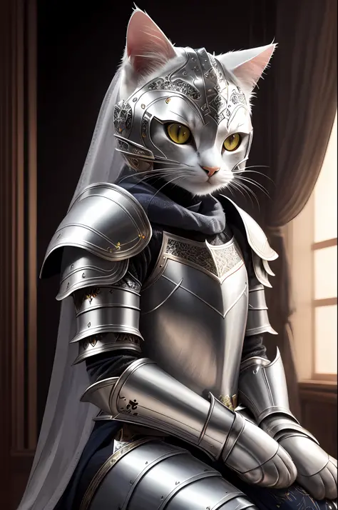 adorable cat knight sitting, portrait, finely detailed armor, intricate design, silver, silk, cinematic lighting, 4k