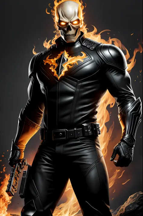 (8k, RAW photo, best quality, masterpiece: 1.2), ultra detailed, authorial art, photo-realistic: 1.37, upper body shot, ((original black uniform: 1.2)), model, marvel ghost rider, film grain, action pose, a perfect face, 40 years, intricate details, diffus...